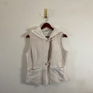 Vintage Y2K Mifresia Faux Suede Hooded Vest Toggle Buttons Cream Faux Fur Medium